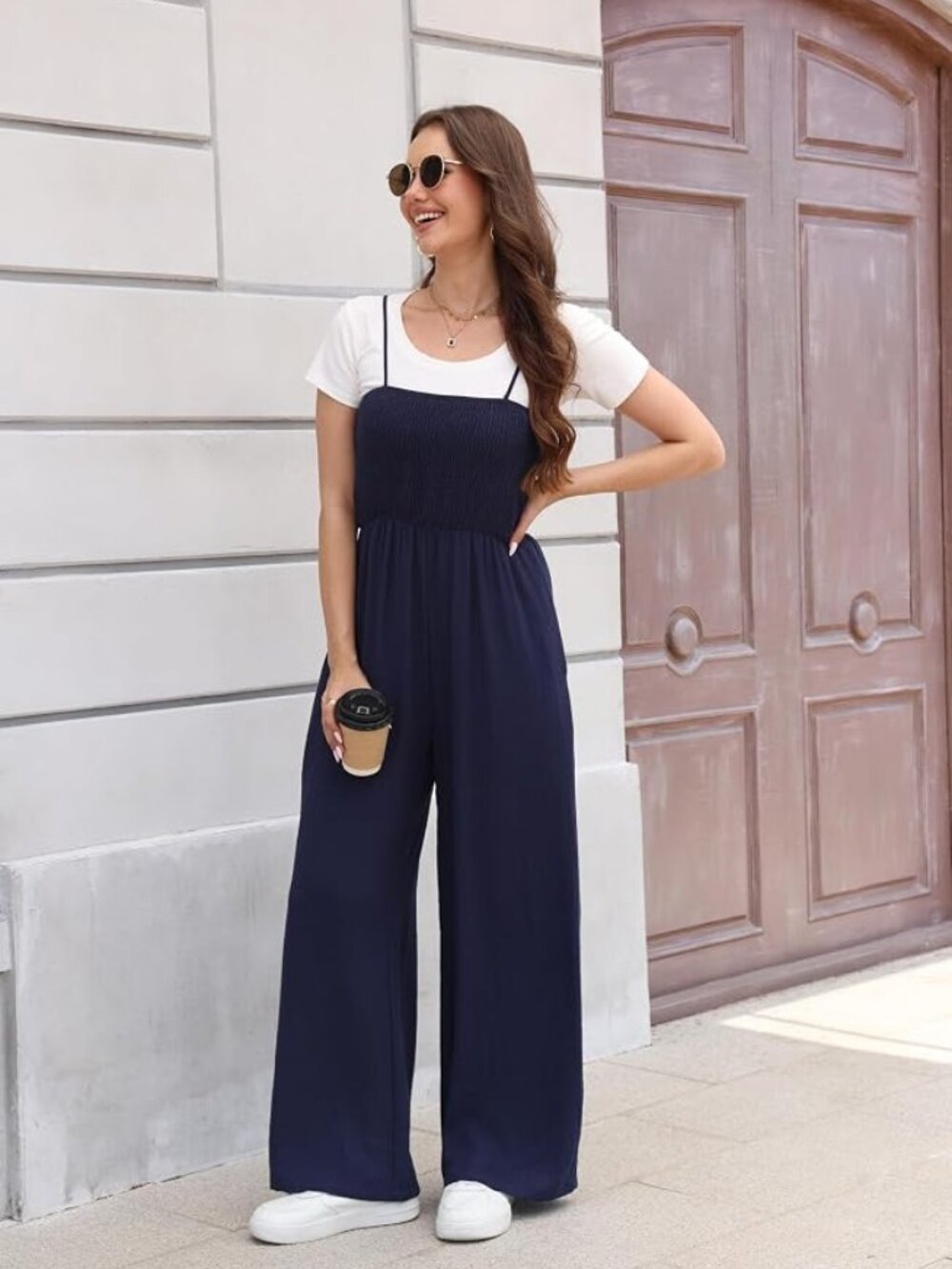 Justalwart Summer Linen Wide Leg Sleeveless Stretch Top Jumpsuit Long Navy Blue